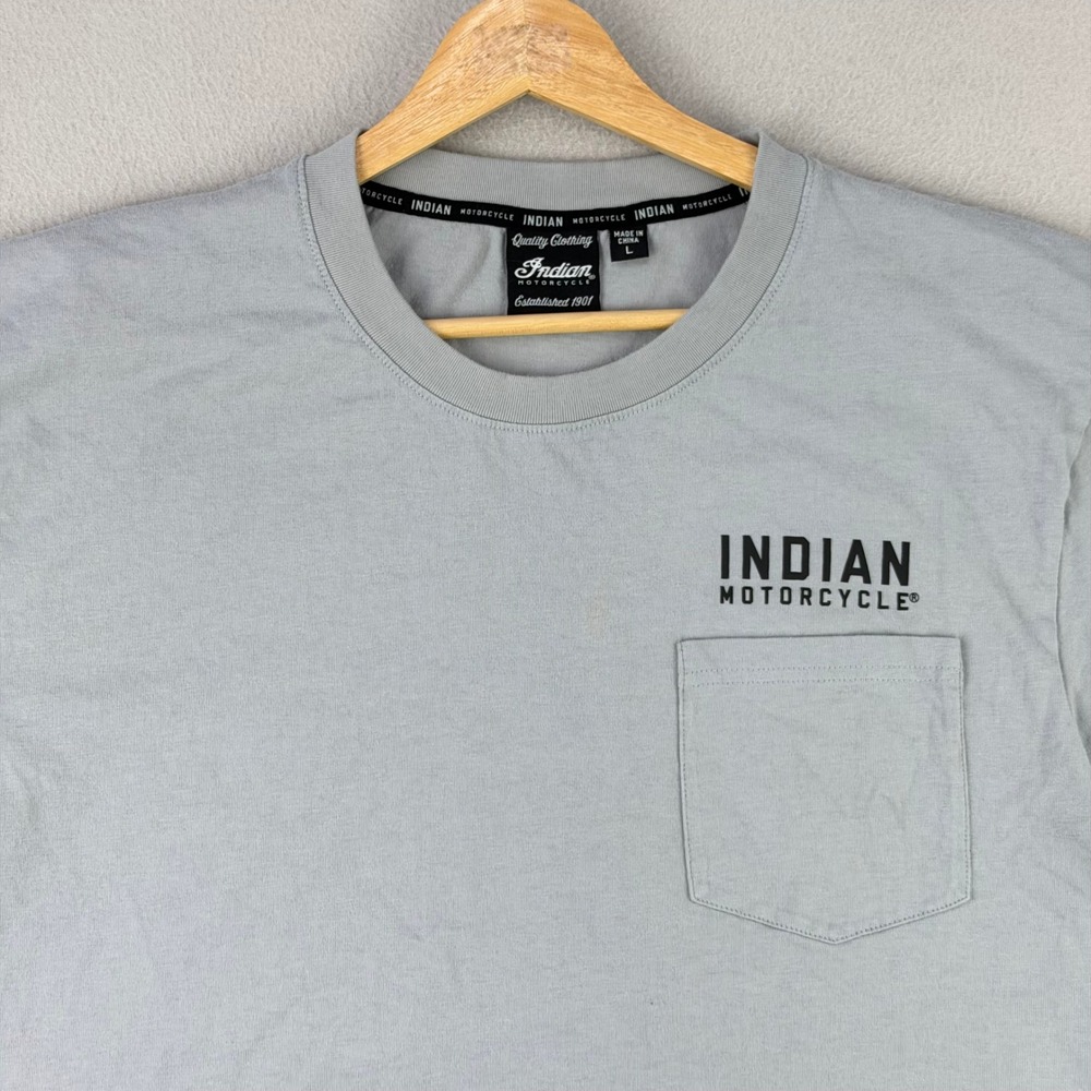 Indian Motorcycle Pocket T-Shirt Mens L Gray Biker V-Twin Engine Graphic Tee